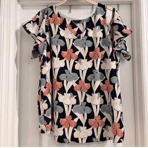 Ann Taylor Factory Floral Blouse - Black, White, Orange, Gray Sz Large